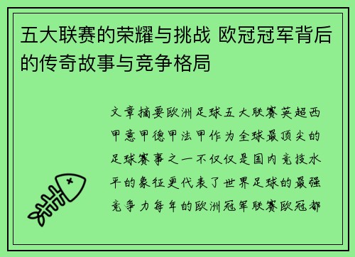 五大联赛的荣耀与挑战 欧冠冠军背后的传奇故事与竞争格局