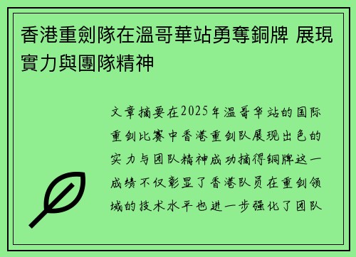 香港重劍隊在溫哥華站勇奪銅牌 展現實力與團隊精神