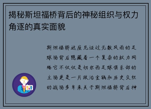 揭秘斯坦福桥背后的神秘组织与权力角逐的真实面貌