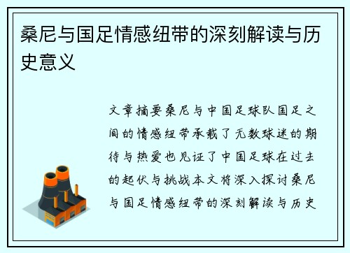 桑尼与国足情感纽带的深刻解读与历史意义